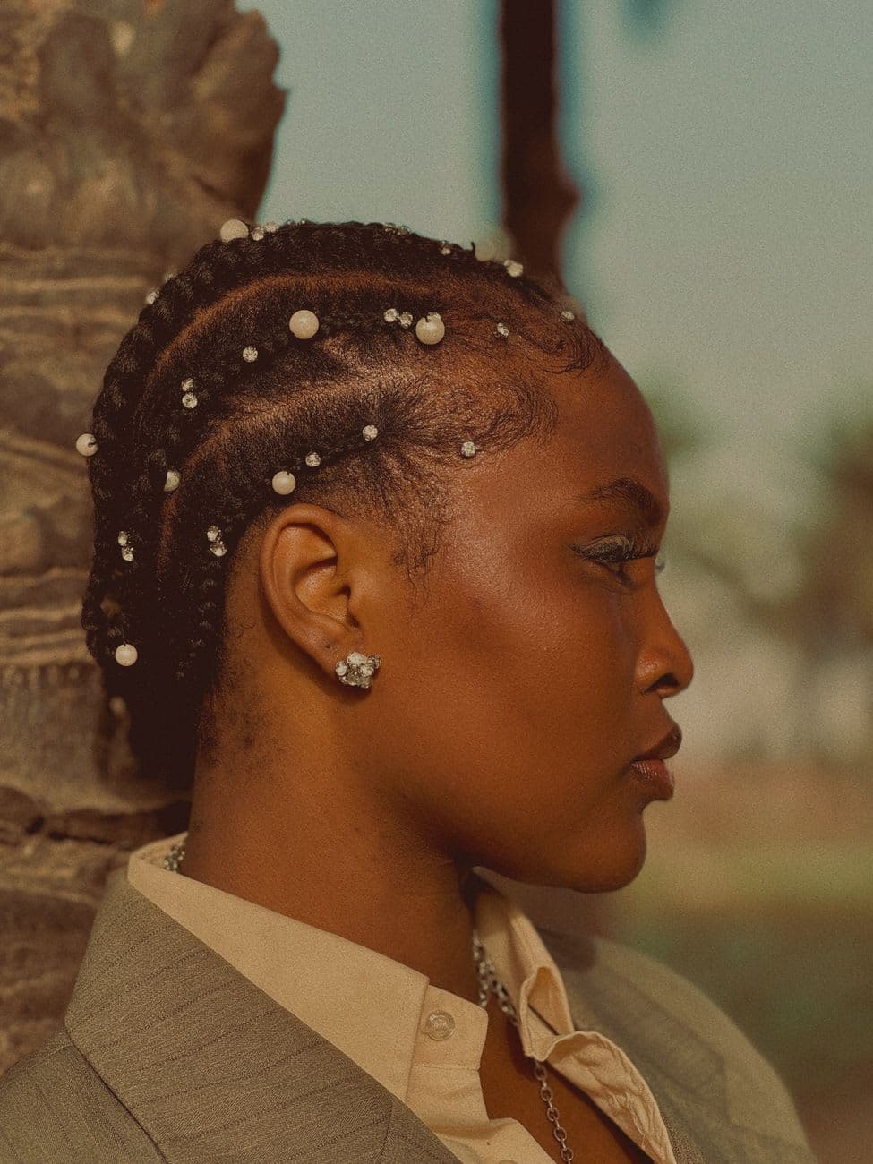 Elegant portrait of an African woman with cornrow hairstyle outdoors in Zaria, Nigeria.