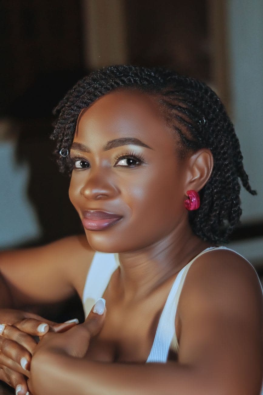 Portrait of a smiling woman with natural hair twists and pink earrings, captured indoors.