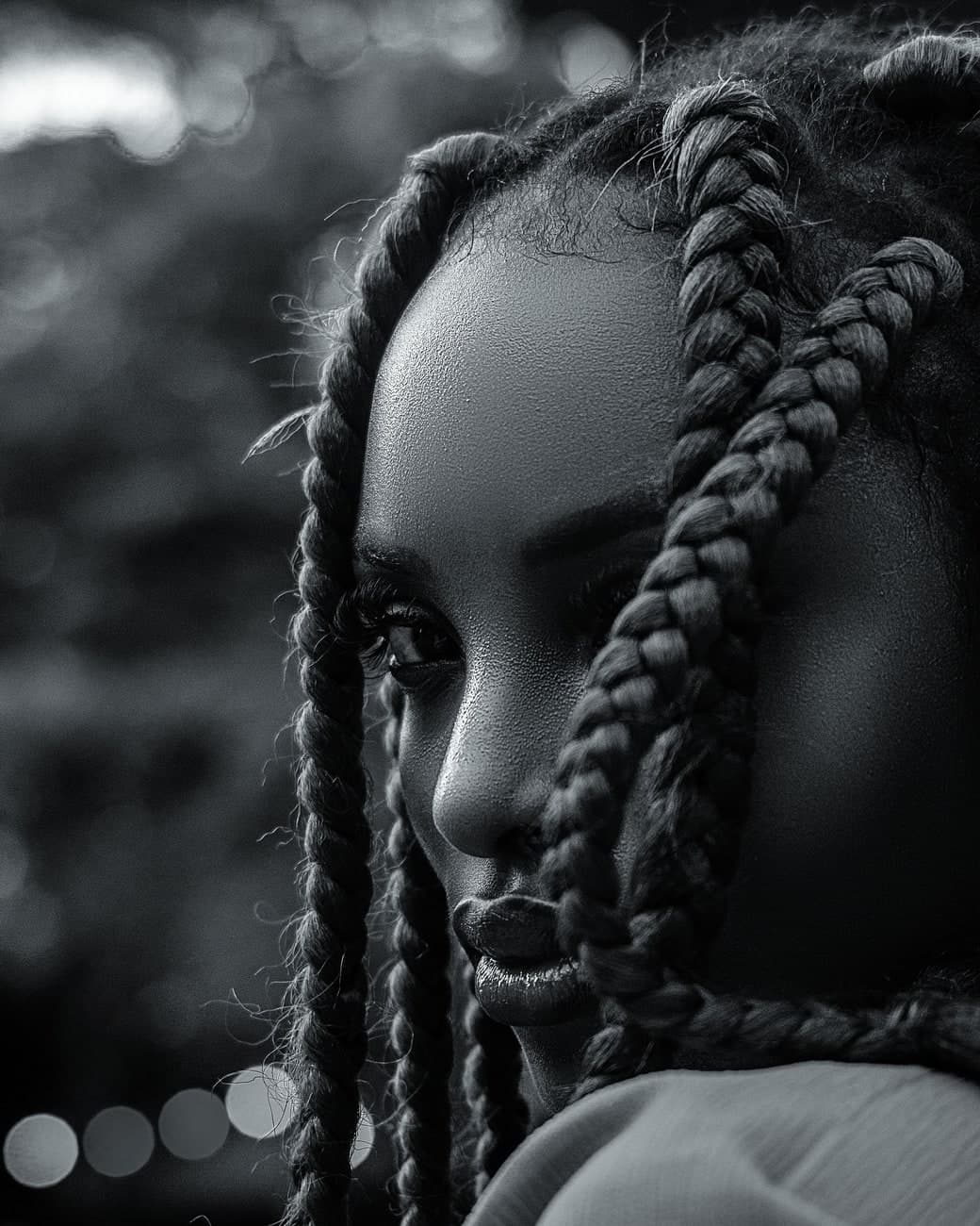 Black and white portrait of a woman with braided hair in an artistic style.
